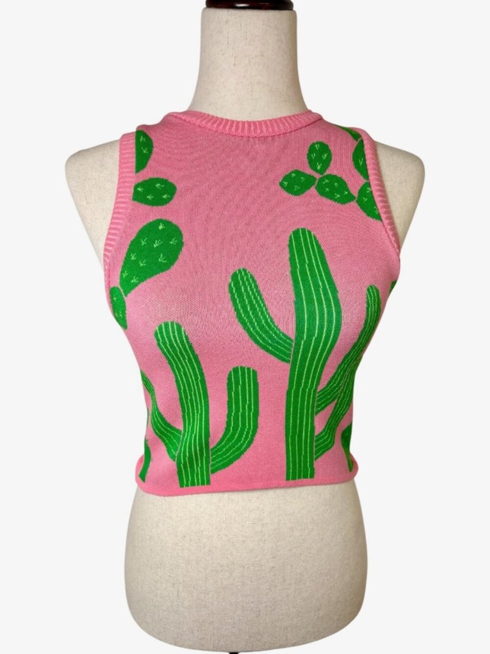 Debut Pink Green Cactus Print Cropped Knit Sweater Tank Top Southwestern Small